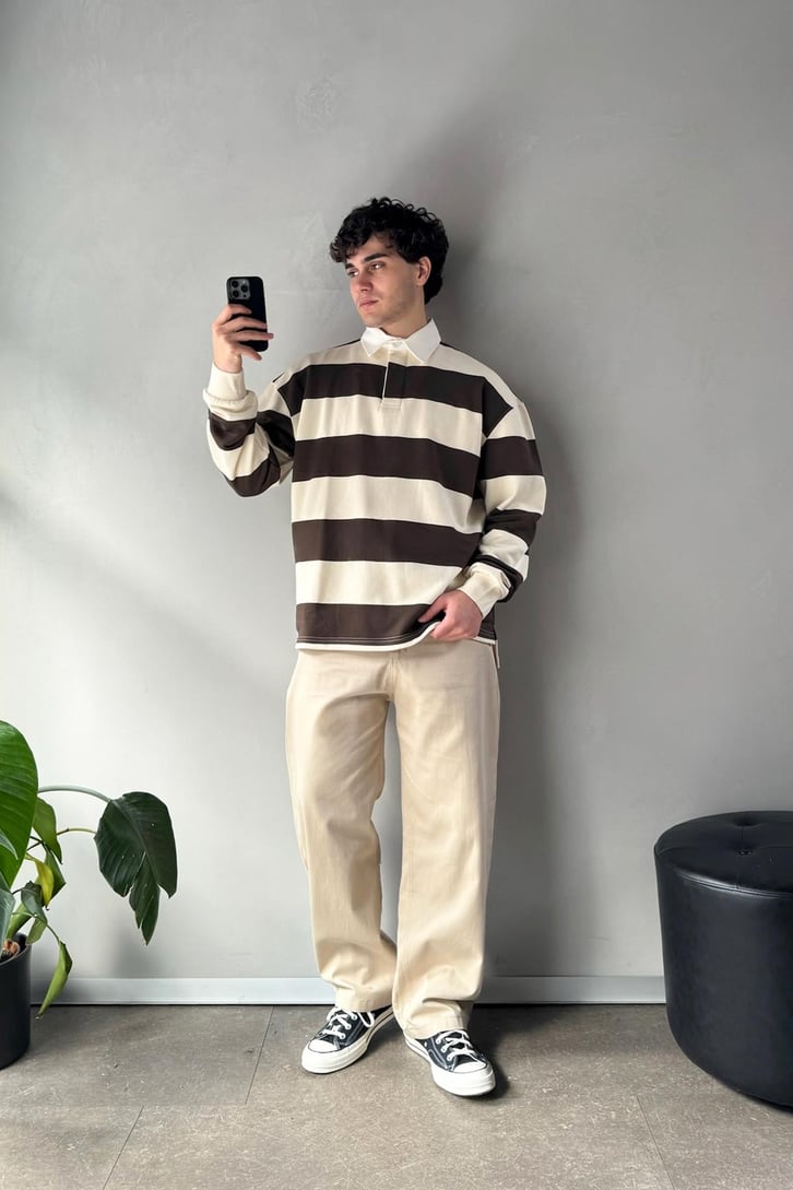 Çizgili Polo Yaka Koyu Kahve Uzun Kollu Sweatshirt