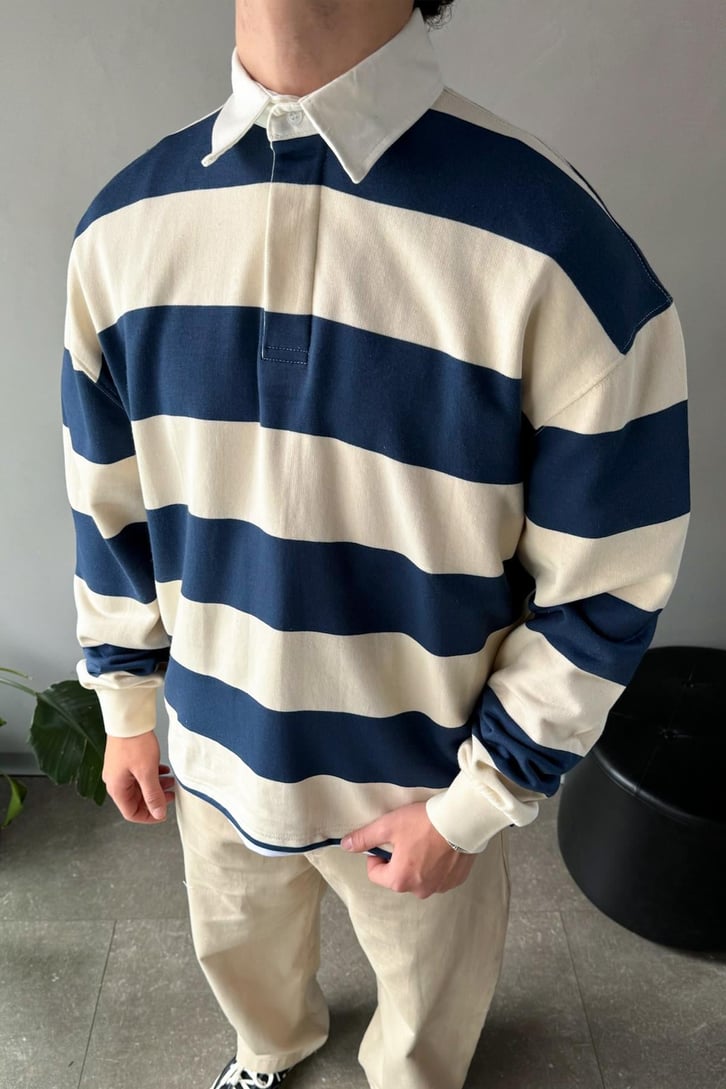 Çizgili Polo Yaka Lacivert Uzun Kollu Sweatshirt