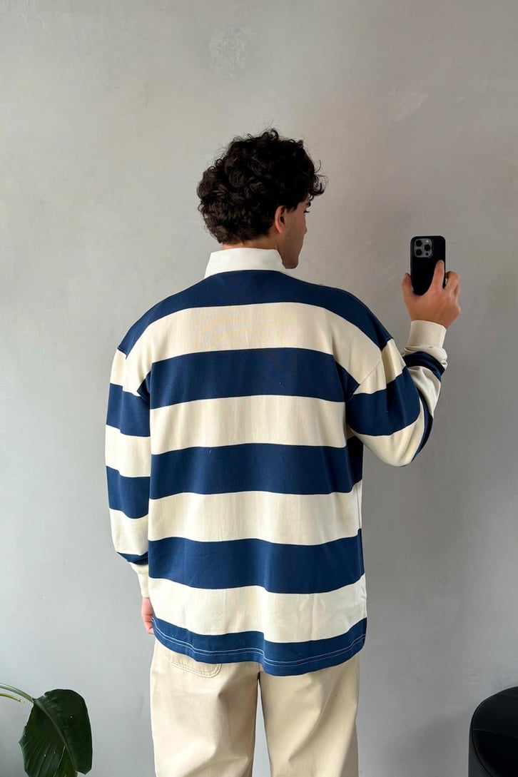 Çizgili Polo Yaka Lacivert Uzun Kollu Sweatshirt