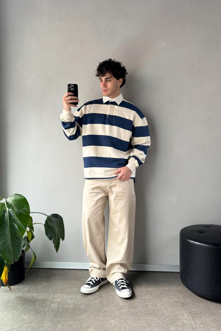 Çizgili Polo Yaka Lacivert Uzun Kollu Sweatshirt
