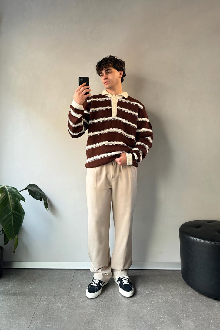 Çizgili Polo Yaka Oversize Kazak