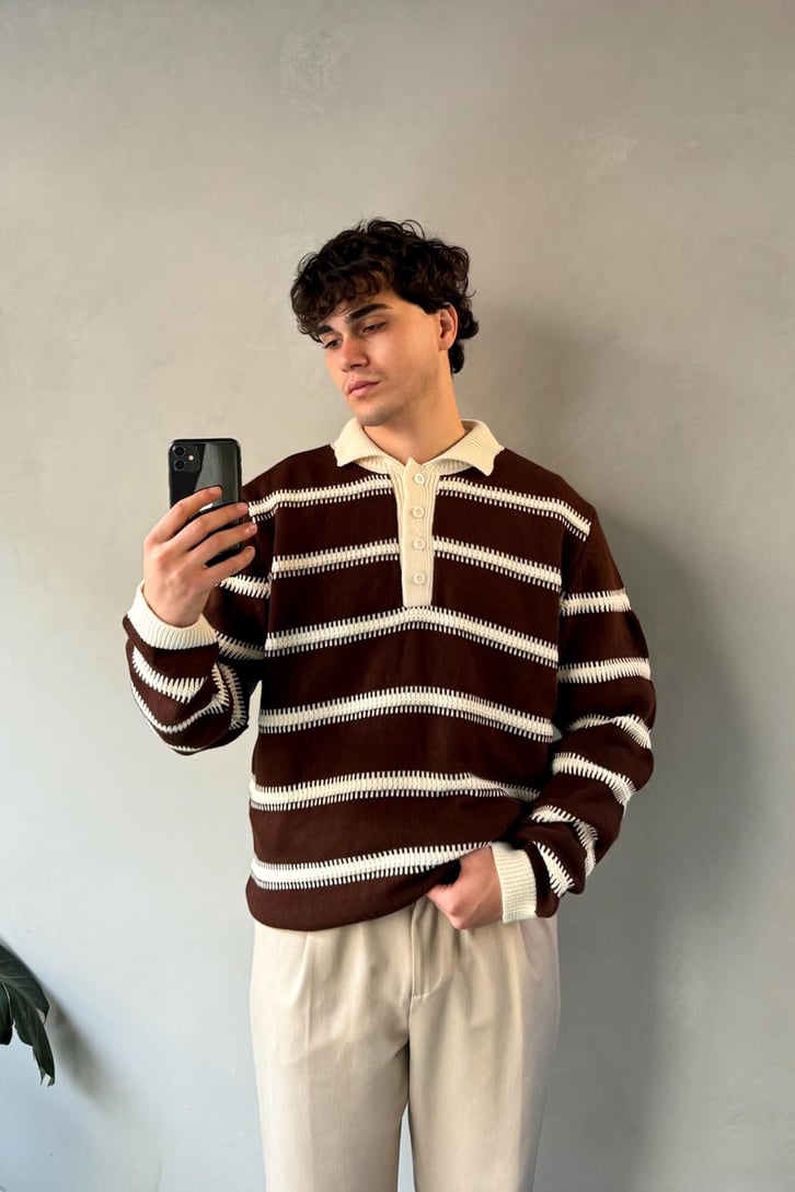 Çizgili Polo Yaka Oversize Kazak