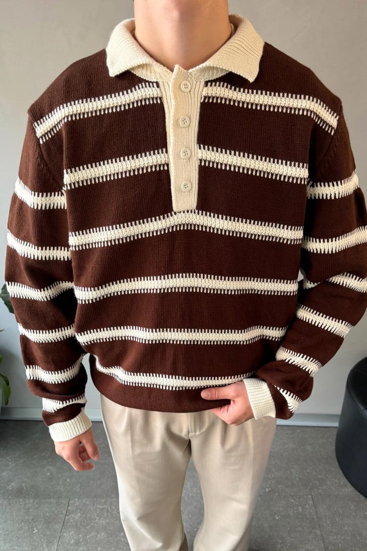 Çizgili Polo Yaka Oversize Kazak