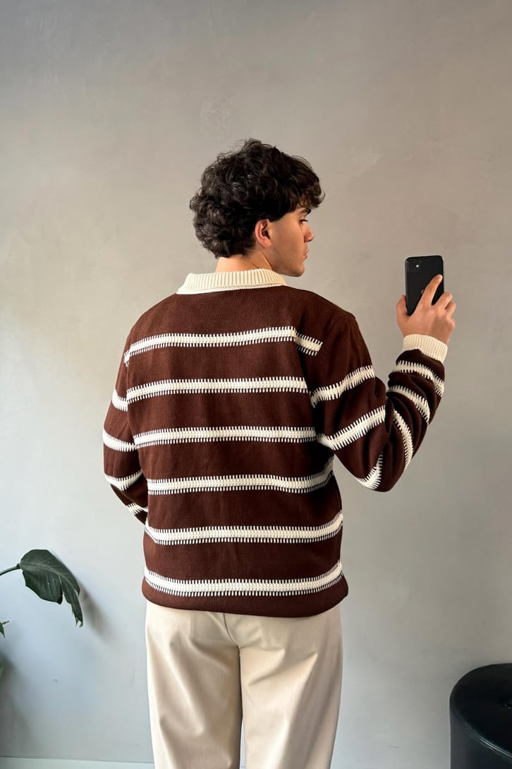 Çizgili Polo Yaka Oversize Kazak