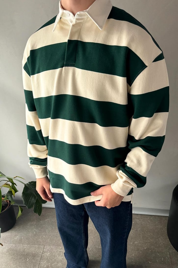 Çizgili Polo Yaka Yeşil Uzun Kollu Sweatshirt