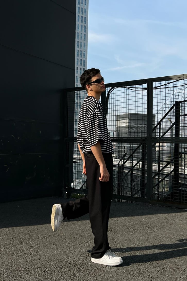 Çizgili Siyah Oversize Tshirt
