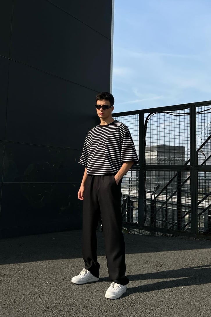 Çizgili Siyah Oversize Tshirt