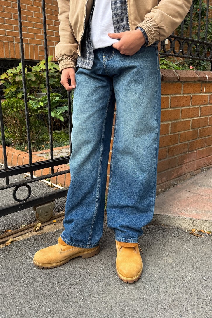 Çizgili Yıkamalı Baggy Jean