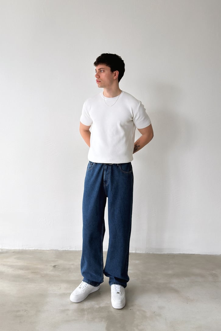 Çizgili Yıkamalı Baggy Jean