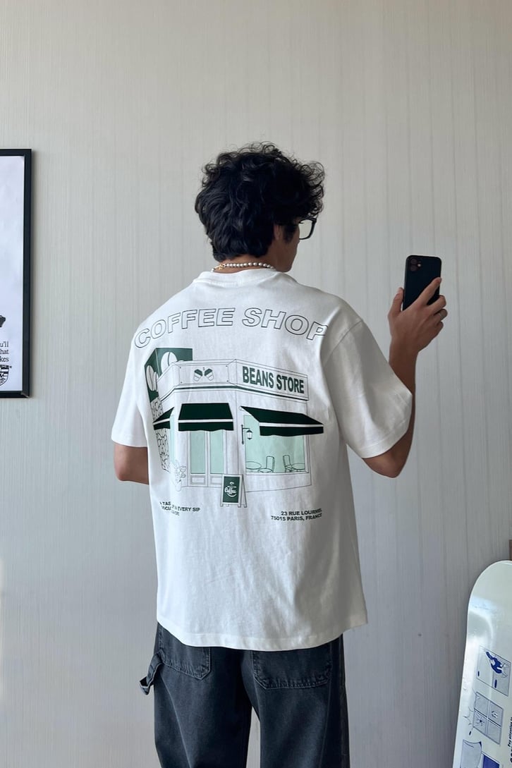 Coffee Shop Velvet Flock Oversize Tişört