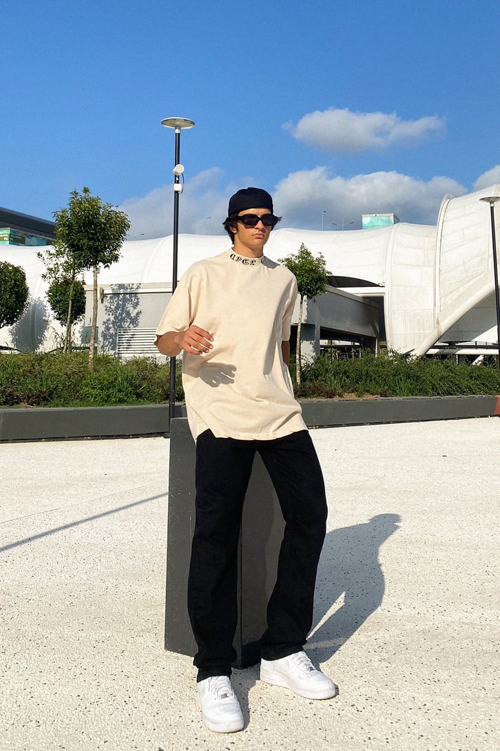 Collar Text Baskılı Bej Oversize Tshirt