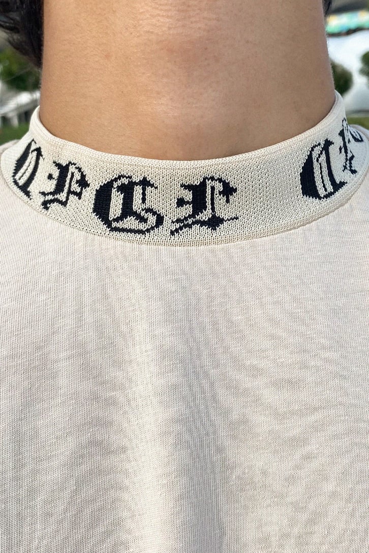 Collar Text Baskılı Bej Oversize Tshirt