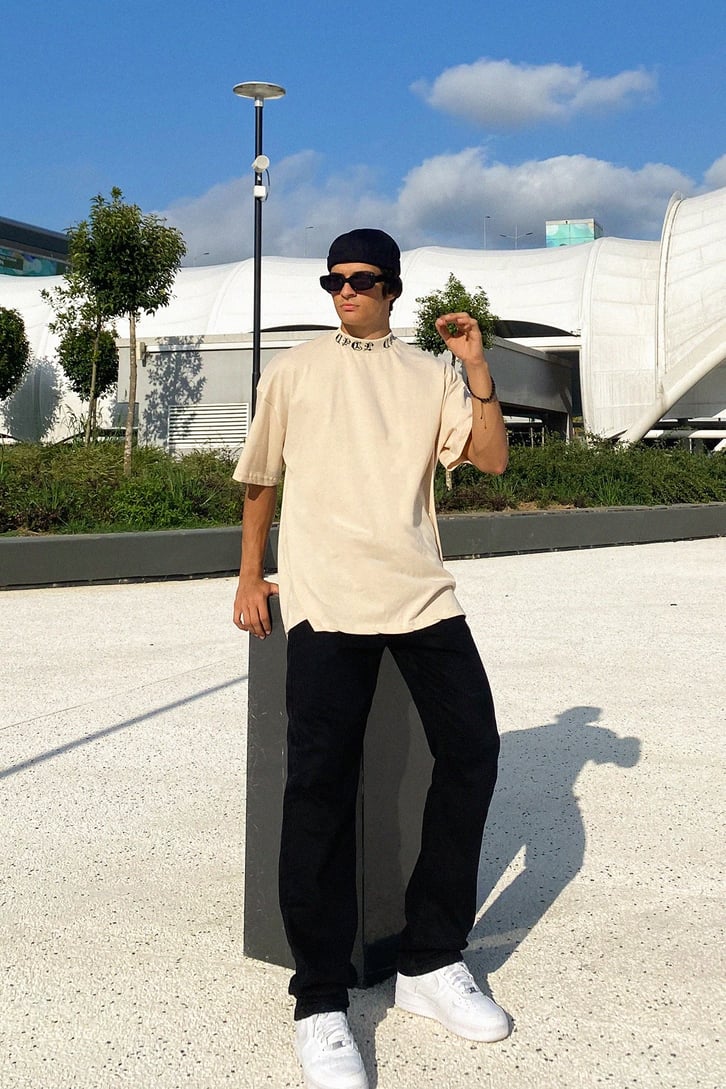 Collar Text Baskılı Bej Oversize Tshirt