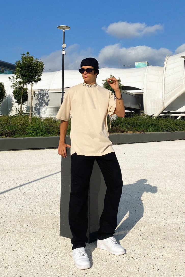 Collar Text Baskılı Bej Oversize Tshirt