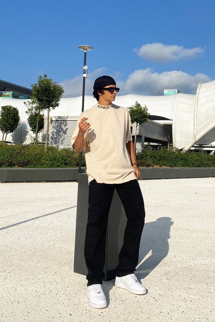 Collar Text Baskılı Bej Oversize Tshirt