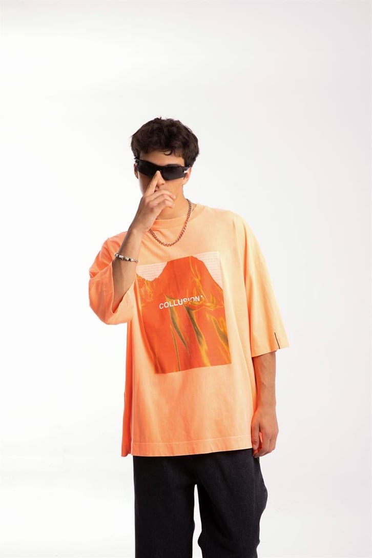 Collusion Baskılı Neon Turuncu Oversize Tshirt