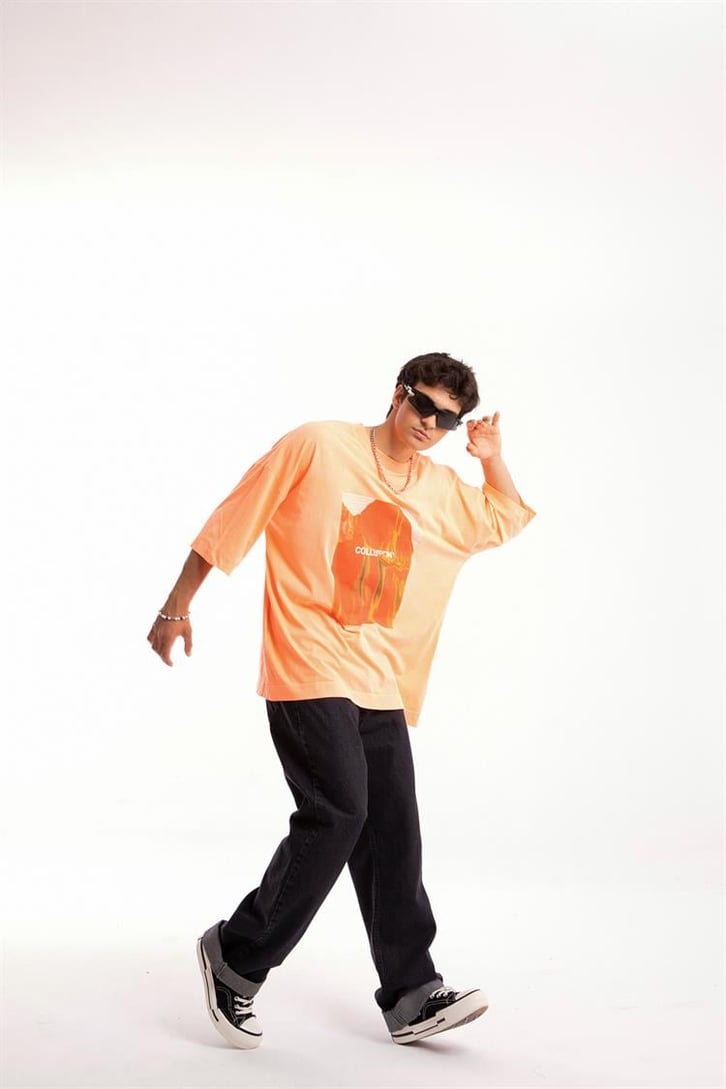 Collusion Baskılı Neon Turuncu Oversize Tshirt