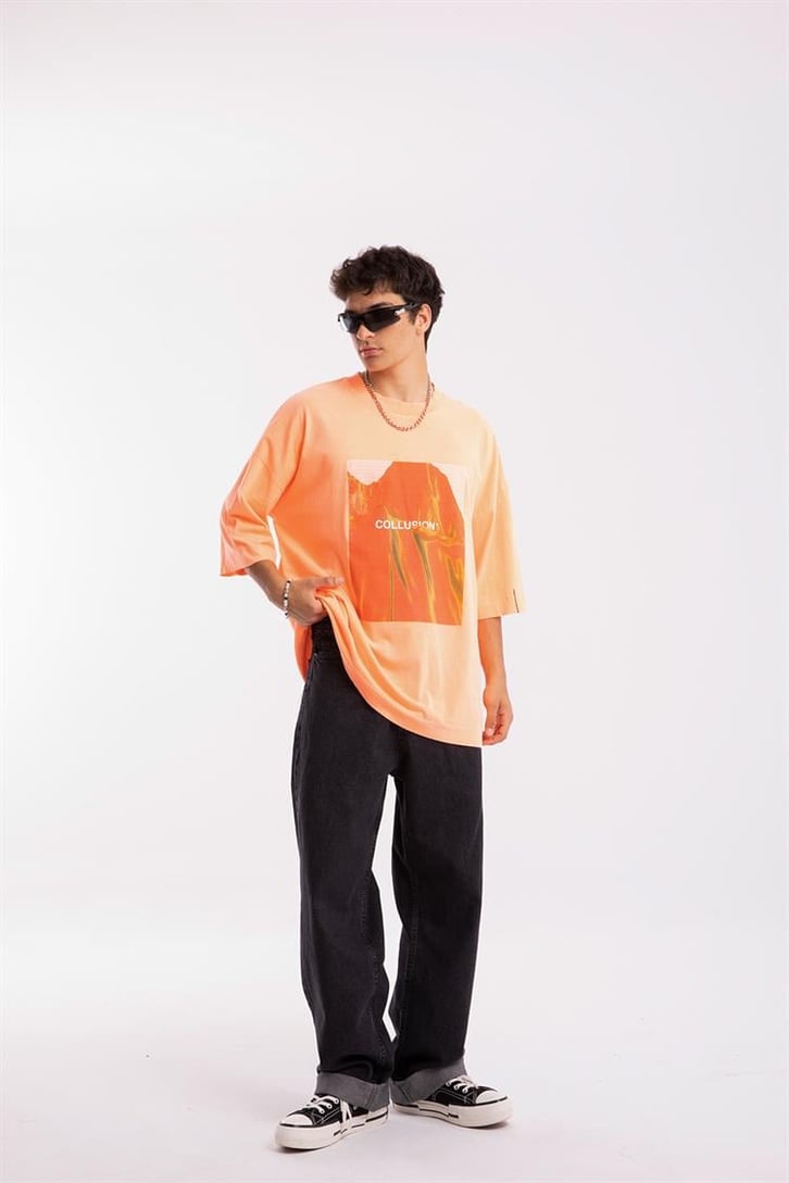 Collusion Baskılı Neon Turuncu Oversize Tshirt