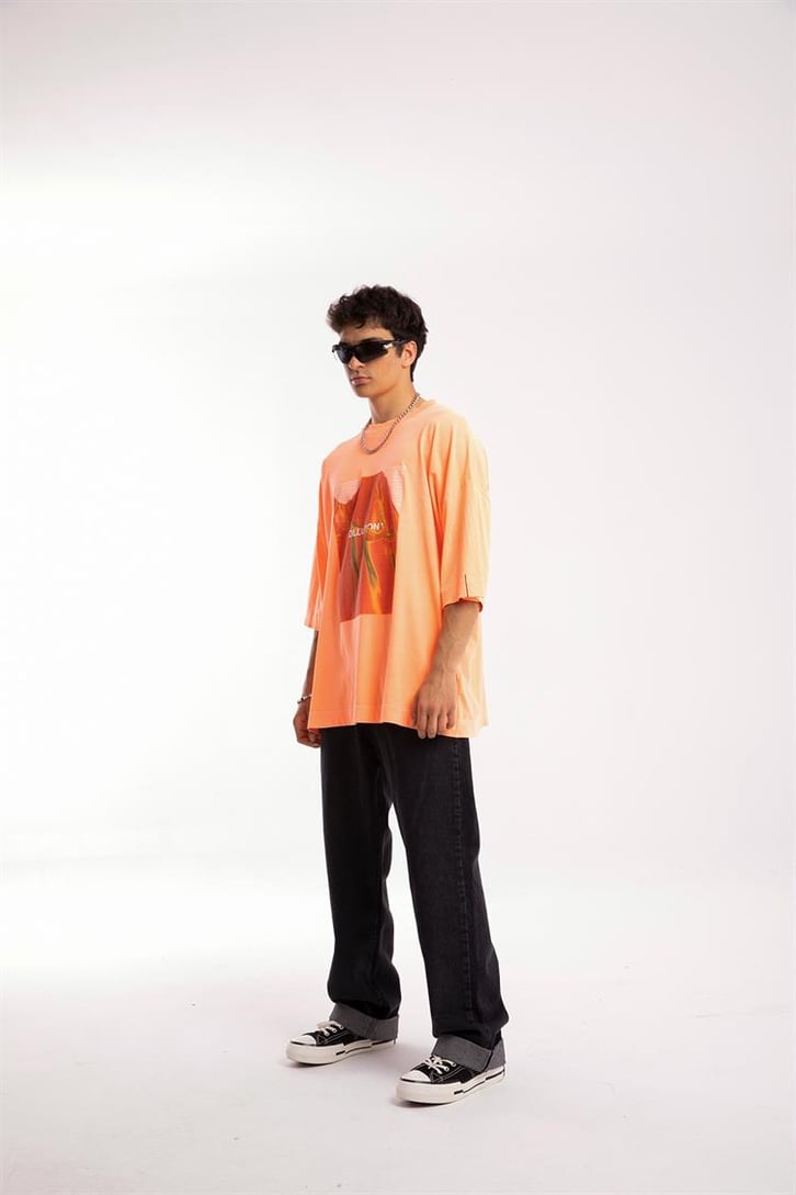 Collusion Baskılı Neon Turuncu Oversize Tshirt