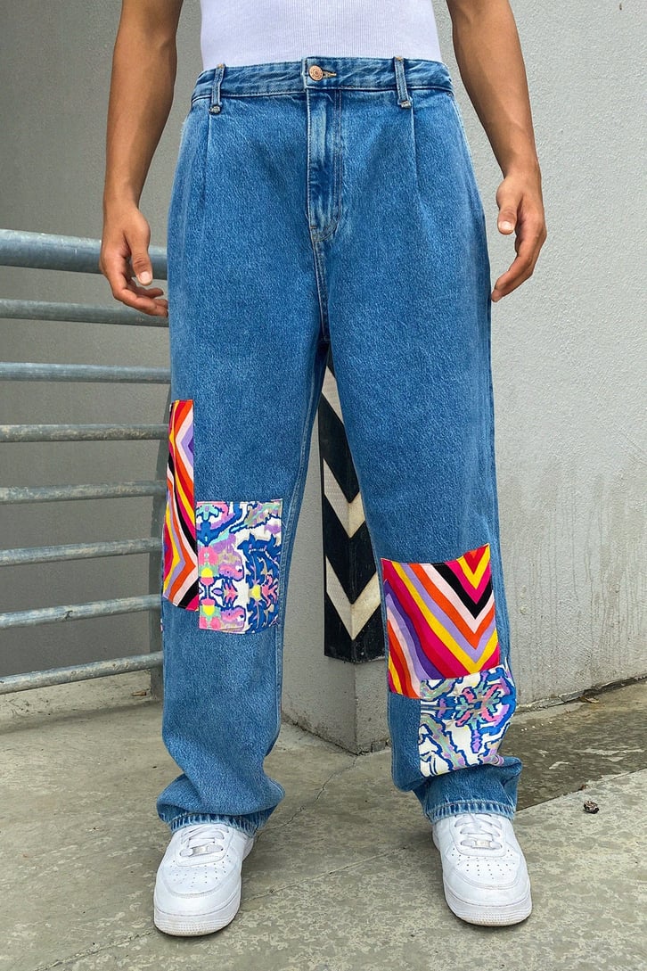 Colorful Patch Detay Mavi Baggy Jean
