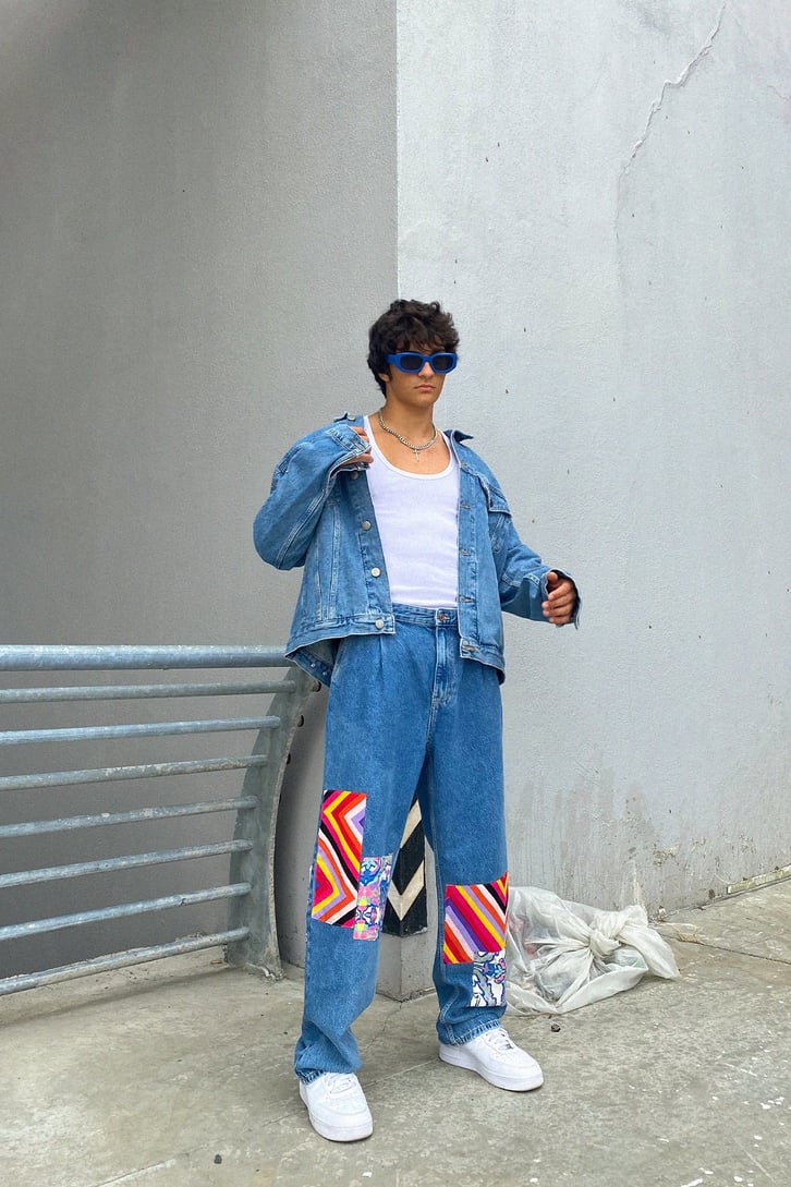 Colorful Patch Detay Mavi Baggy Jean