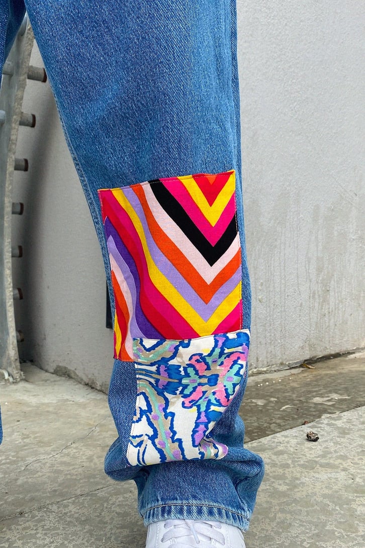 Colorful Patch Detay Mavi Baggy Jean