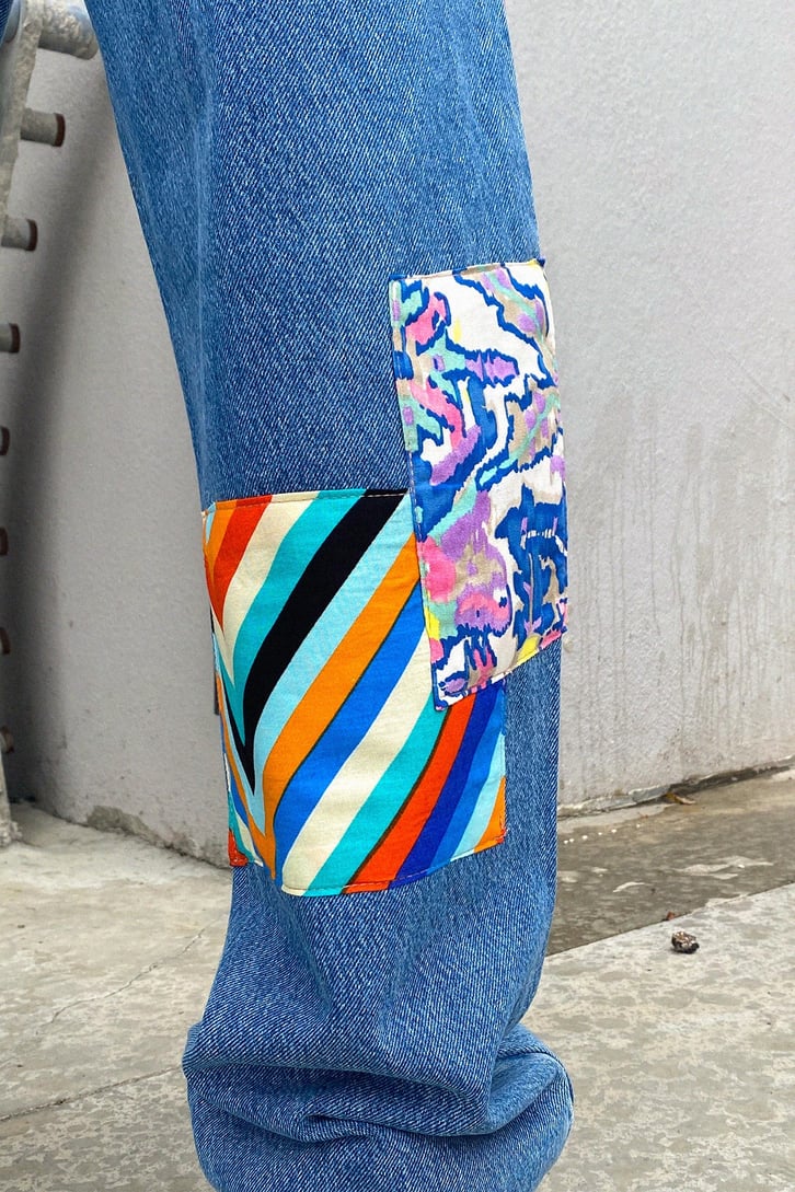 Colorful Patch Detay Mavi Baggy Jean