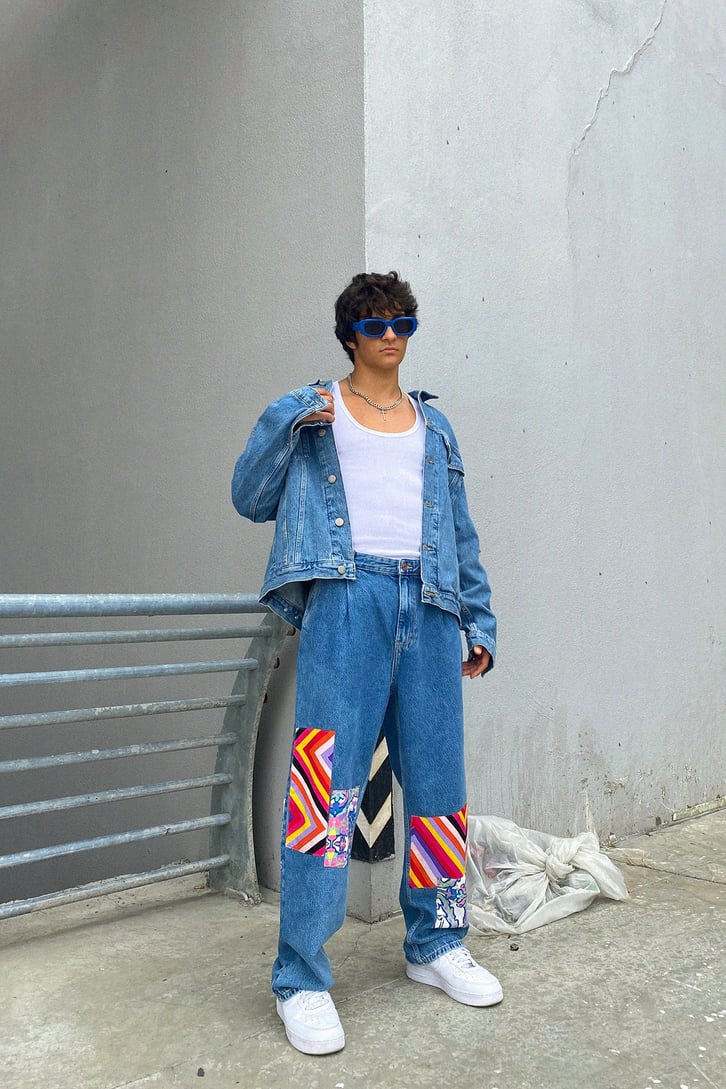 Colorful Patch Detay Mavi Baggy Jean