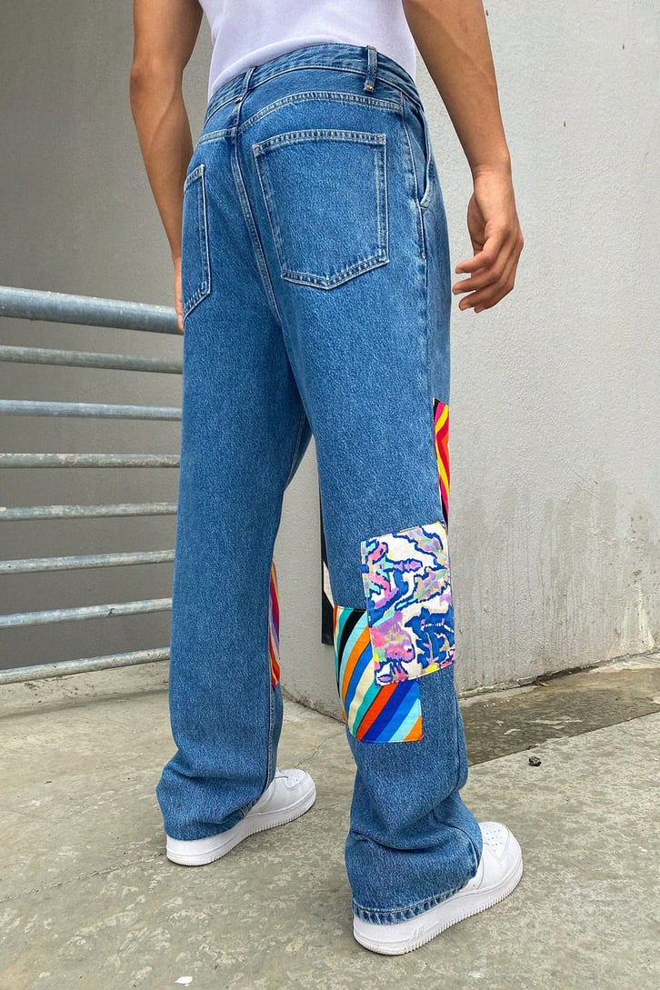 Colorful Patch Detay Mavi Baggy Jean