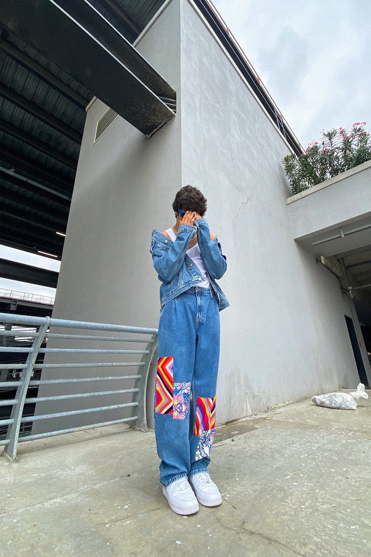 Colorful Patch Detay Mavi Baggy Jean
