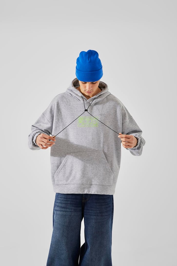 Computer Baskılı Gri Oversize Hoodie
