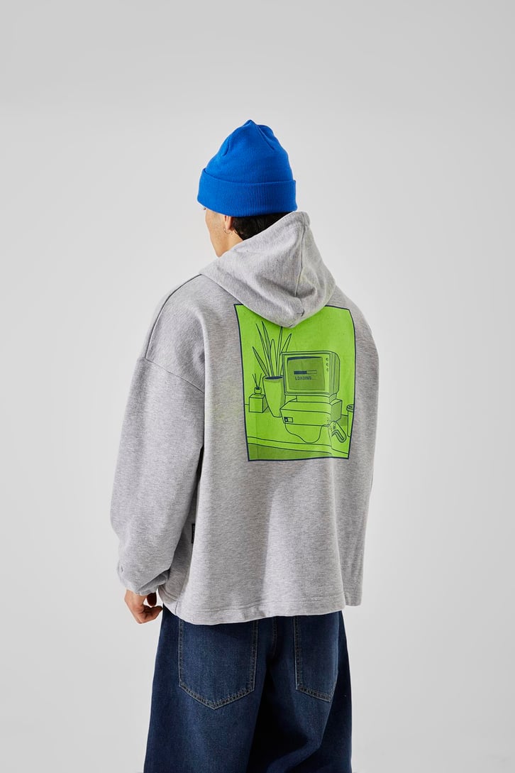 Computer Baskılı Gri Oversize Hoodie
