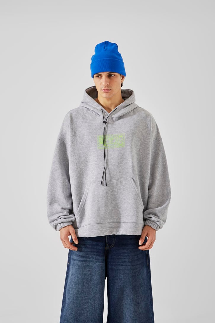 Computer Baskılı Gri Oversize Hoodie