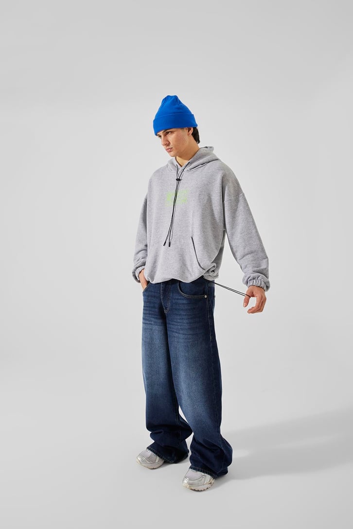 Computer Baskılı Gri Oversize Hoodie