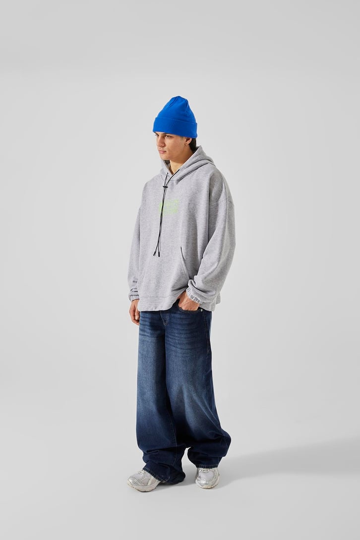 Computer Baskılı Gri Oversize Hoodie