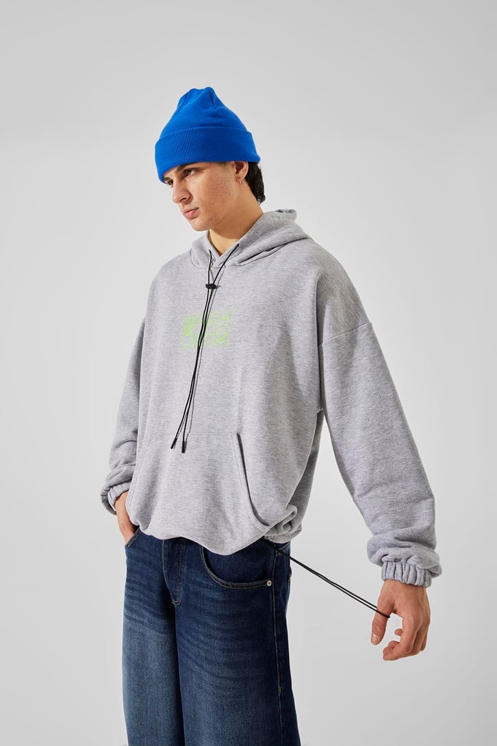 Computer Baskılı Gri Oversize Hoodie