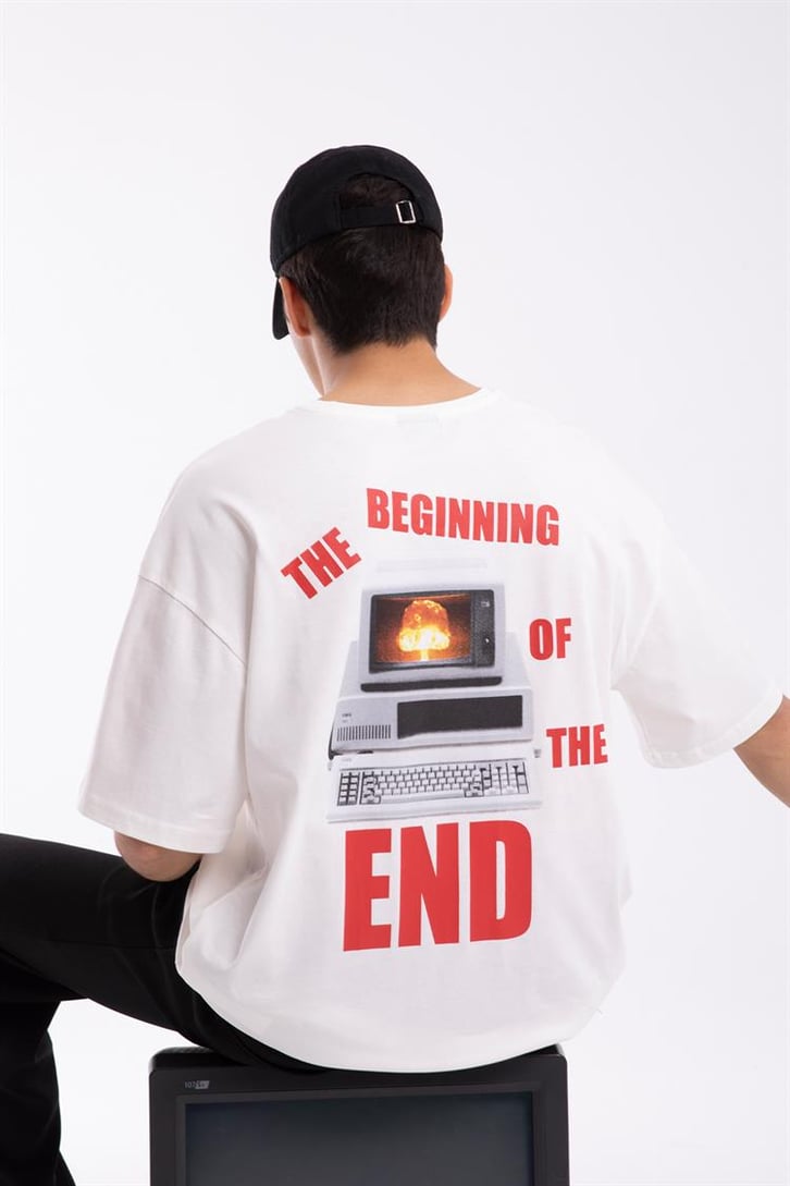 Computer End Baskılı Ekru Oversize Tişört