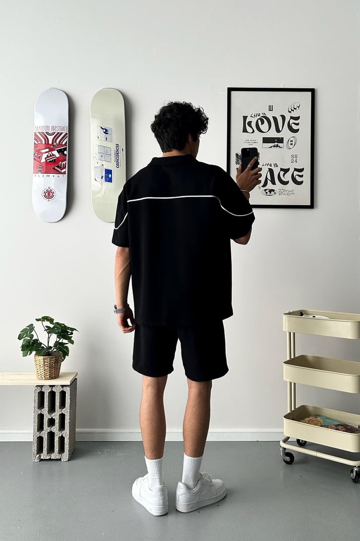 Cozy Boy Jogger Bel Nakışlı Siyah Basic Şort