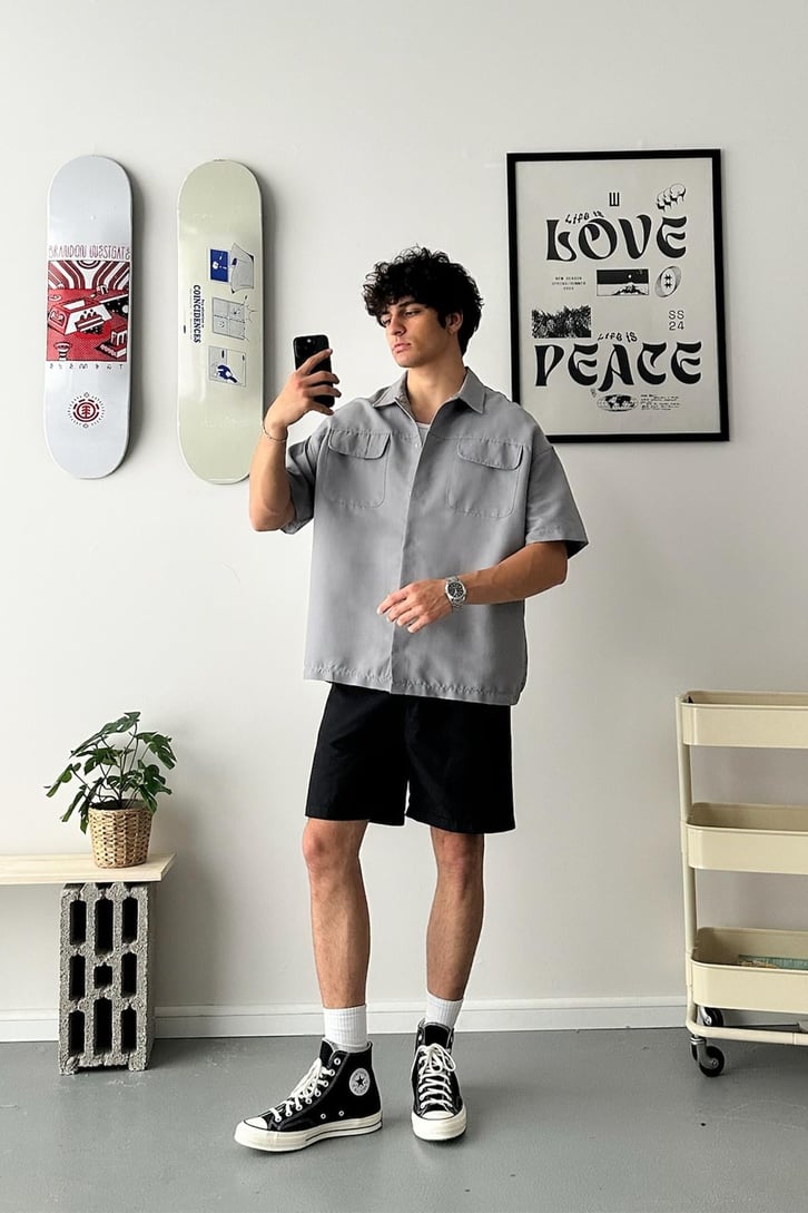 Cozy Boy Kısa Kol Buz Gri Oversize Gömlek