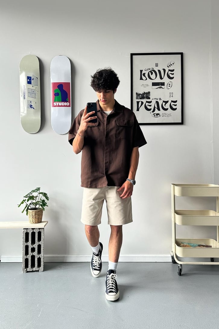 Cozy Boy Kısa Kol Kahverengi Oversize Gömlek