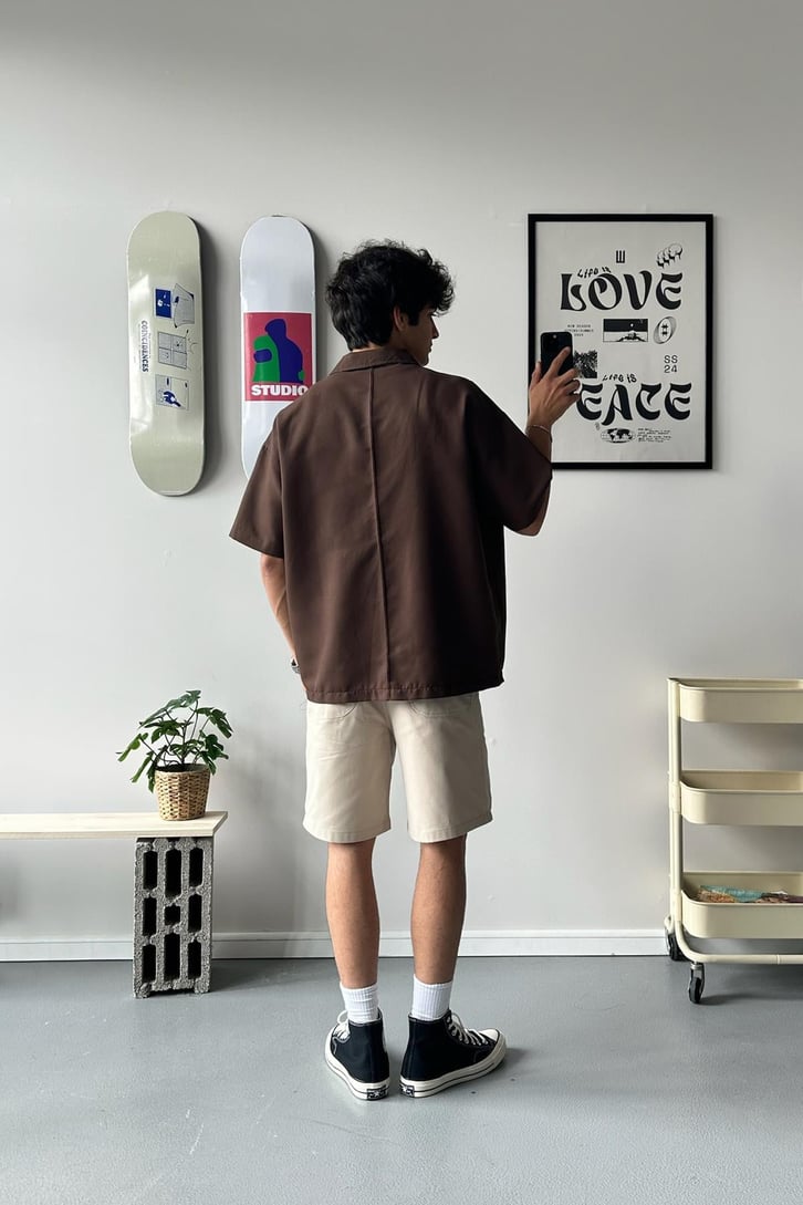 Cozy Boy Kısa Kol Kahverengi Oversize Gömlek