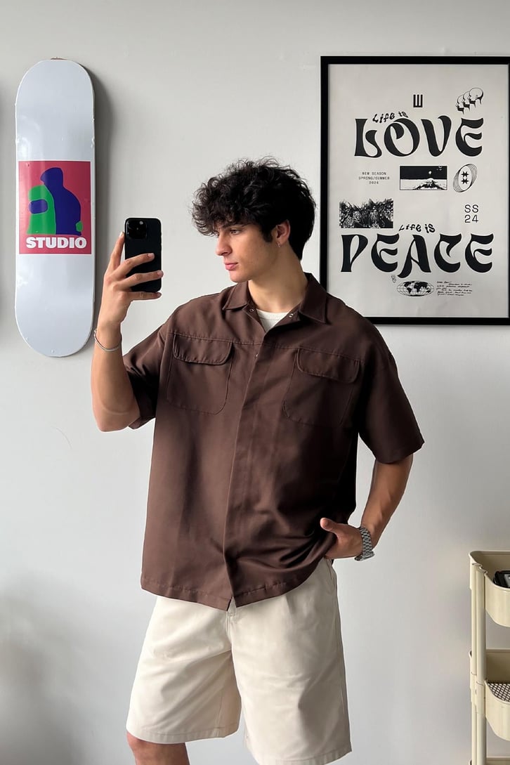 Cozy Boy Kısa Kol Kahverengi Oversize Gömlek
