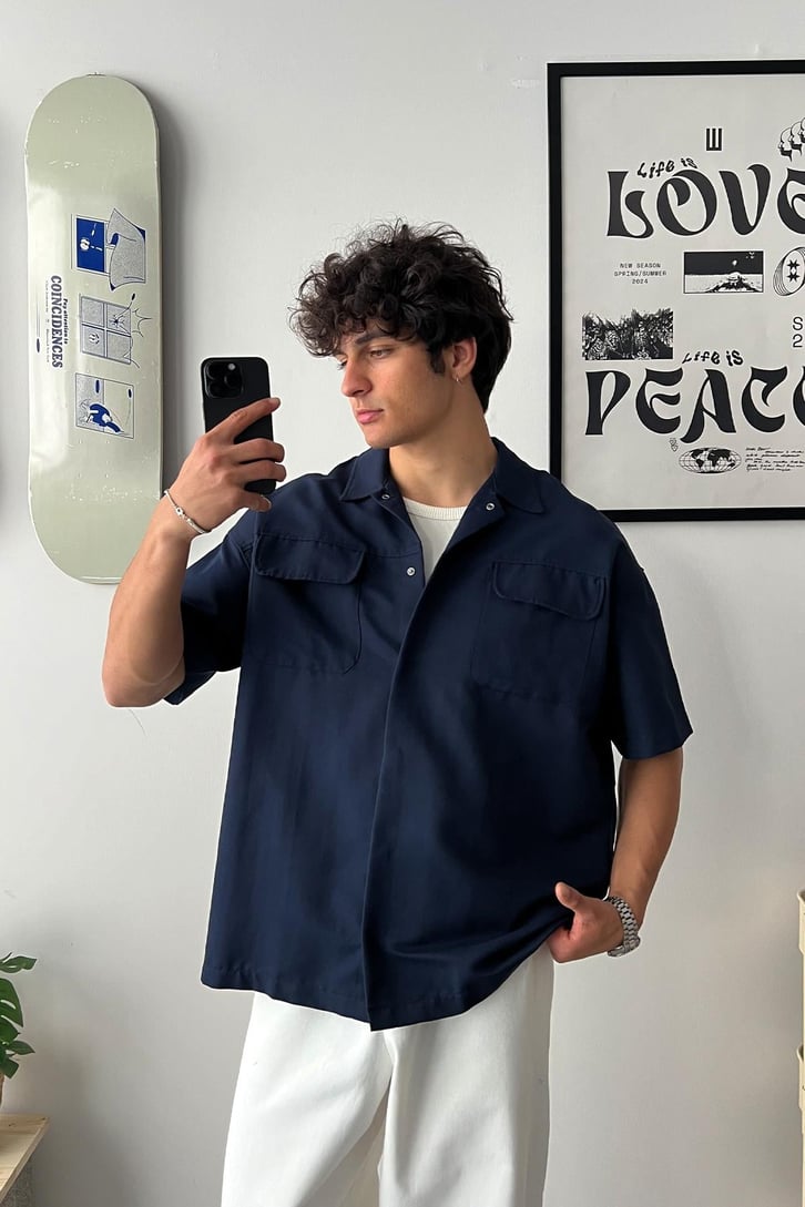 Cozy Boy Kısa Kol Lacivert Oversize Gömlek
