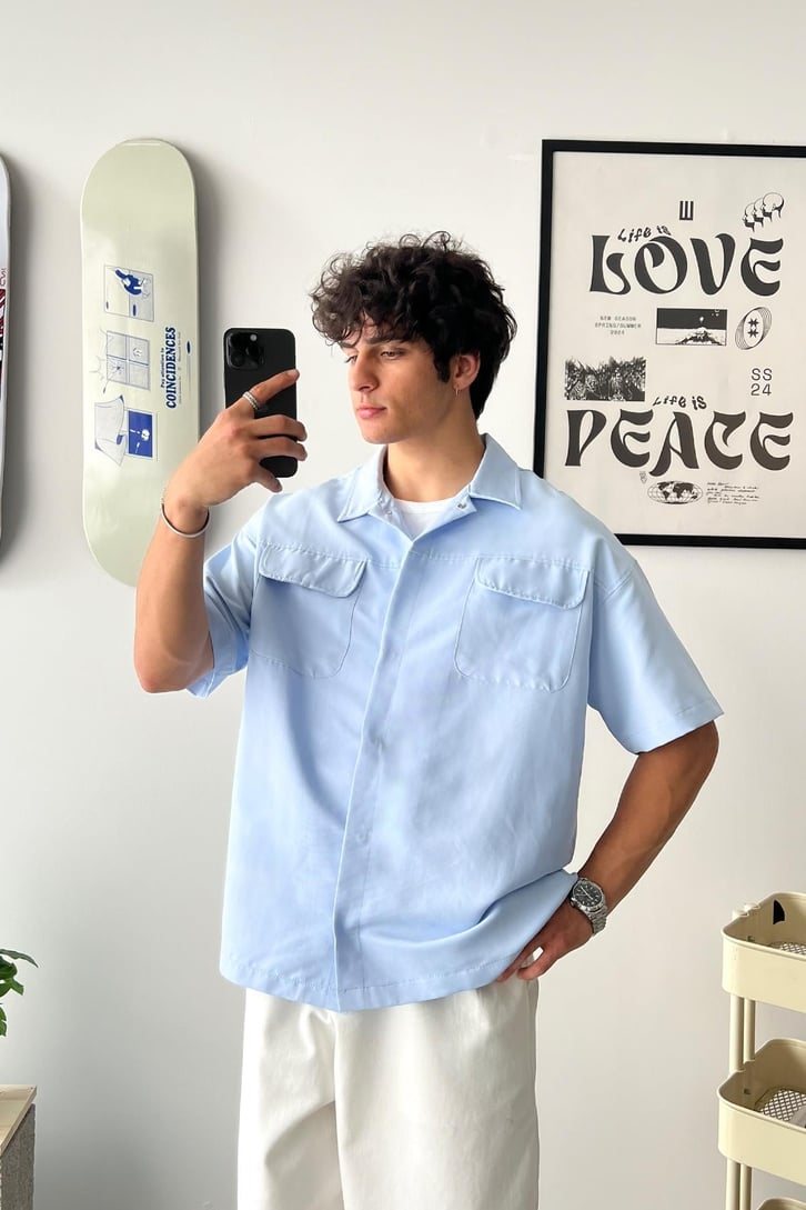 Cozy Boy Kısa Kol Mavi Oversize Gömlek