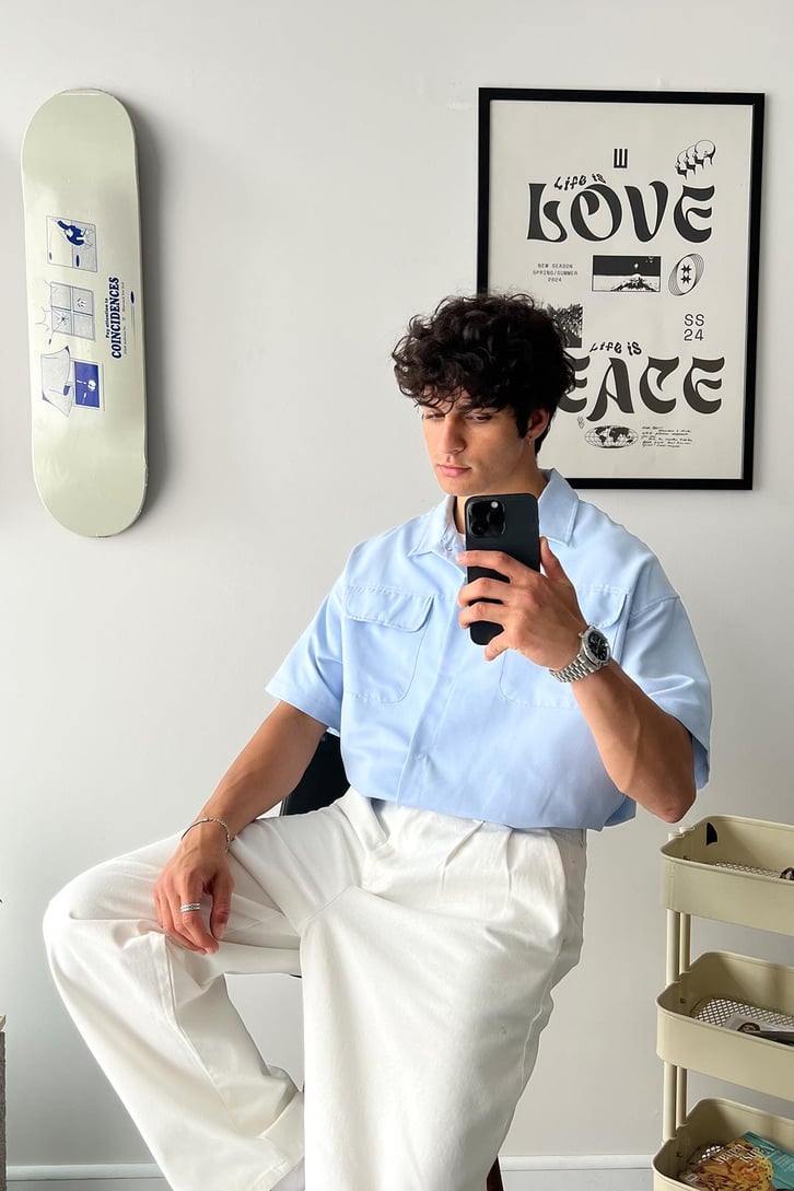 Cozy Boy Kısa Kol Mavi Oversize Gömlek