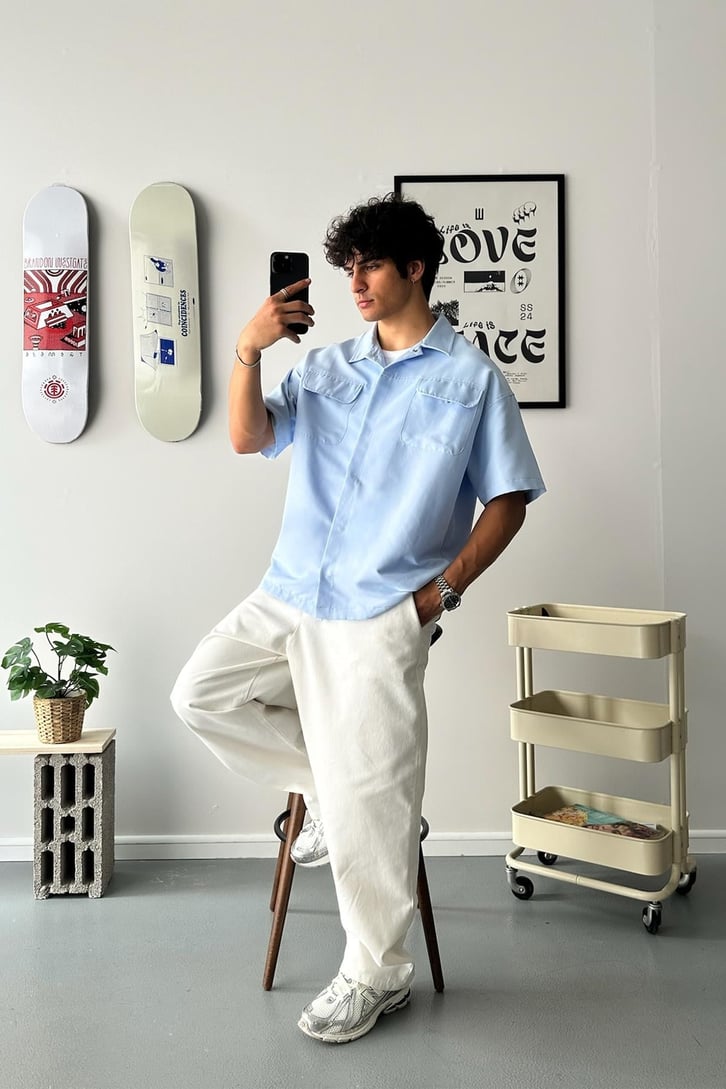 Cozy Boy Kısa Kol Mavi Oversize Gömlek