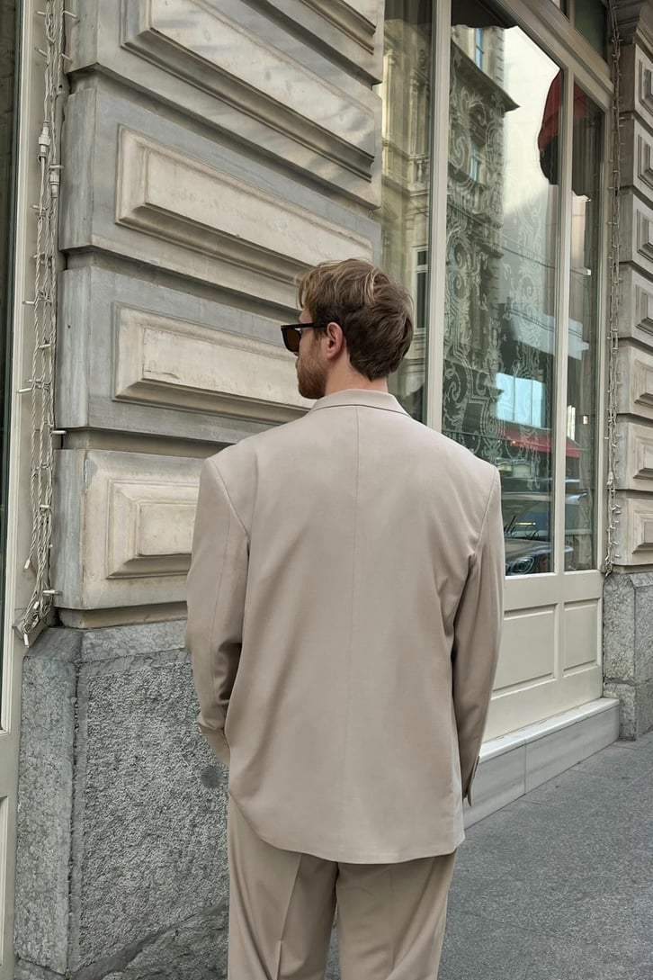 Cozy Oversize Kruvaze Bej Takım Elbise