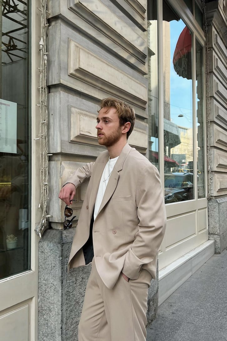 Cozy Oversize Kruvaze Bej Takım Elbise