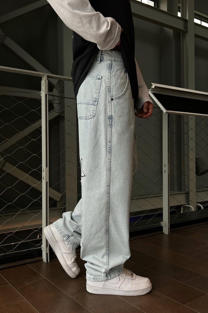 Crazy Nakışlı Siyah Baggy Jean