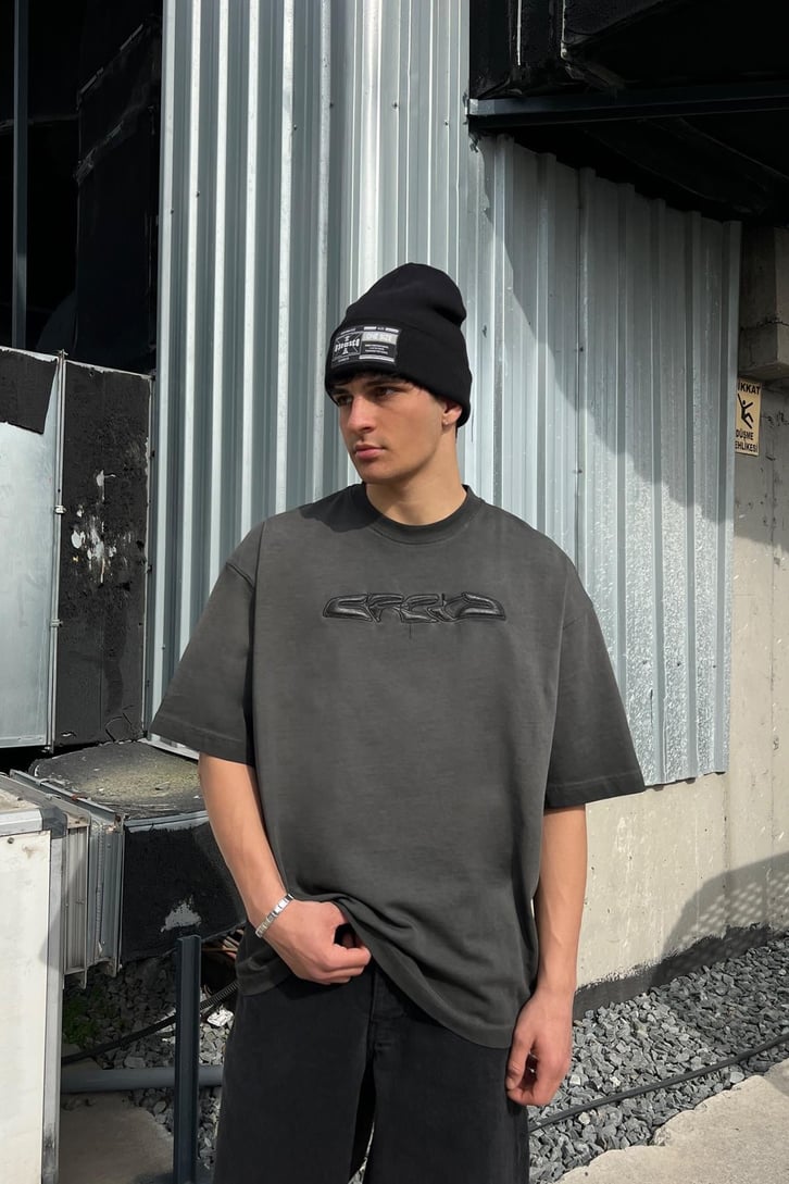 CRCA Nakışlı Washed Antrasit Oversize Tişört